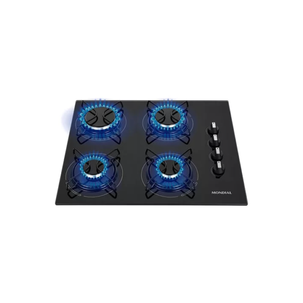 Cooktop a Gás com 4 Bocas Queimadores com Mesa de Vidro Temperado Mondial CTG-01 Preto/Inox Bivolt 110V/220V