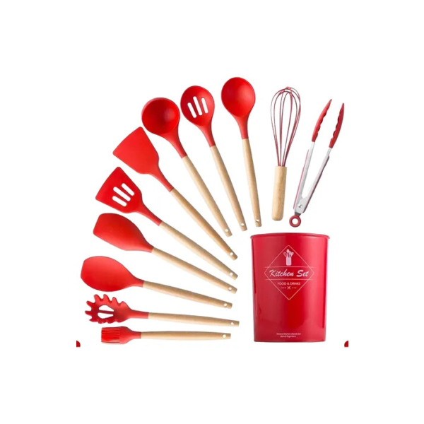 Kit 12 Utensílios De Cozinha Silicone Premium Cabo Madeira