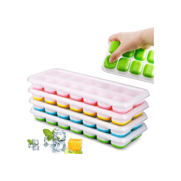 Kit 4 Formas de Gelo Silicone com Tampa Coloridas e Resistentes Premium