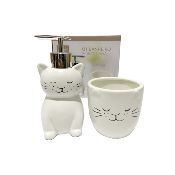 Kit lavabo em Porcelana com dispenser para sabonete líquido e porta-escovas do Gato, elegante e divertido. Pode decorar lindamente qualquer ambiente e até compor o kit higiene do bebê