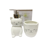 Kit lavabo em Porcelana com dispenser para sabonete líquido e porta-escovas do Gato, elegante e divertido. Pode decorar lindamente qualquer ambiente e até compor o kit higiene do bebê