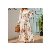 Elegante Floral Feminino Vestidos Longos Casuais Impressos O Pescoço Manga Senhoras Chic High Waist