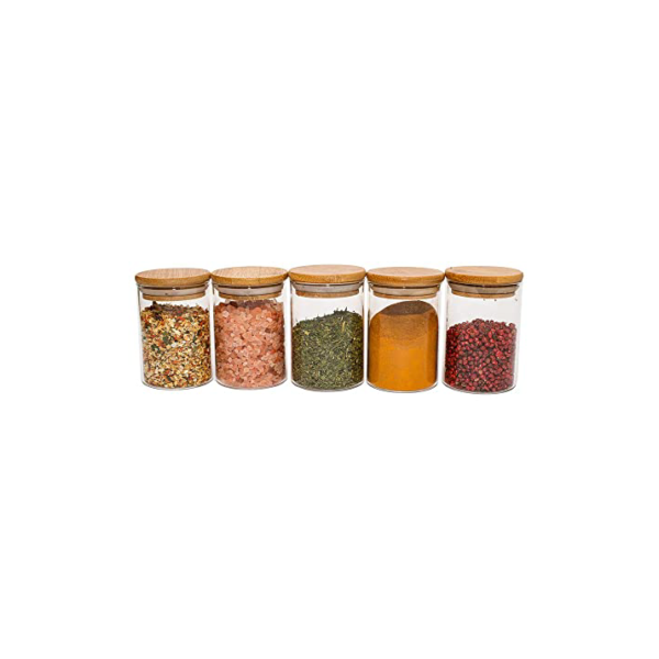 JOGO DE 5 POTES HERMÉTICOS DE VIDRO TAMPA DE BAMBU - 250 ML