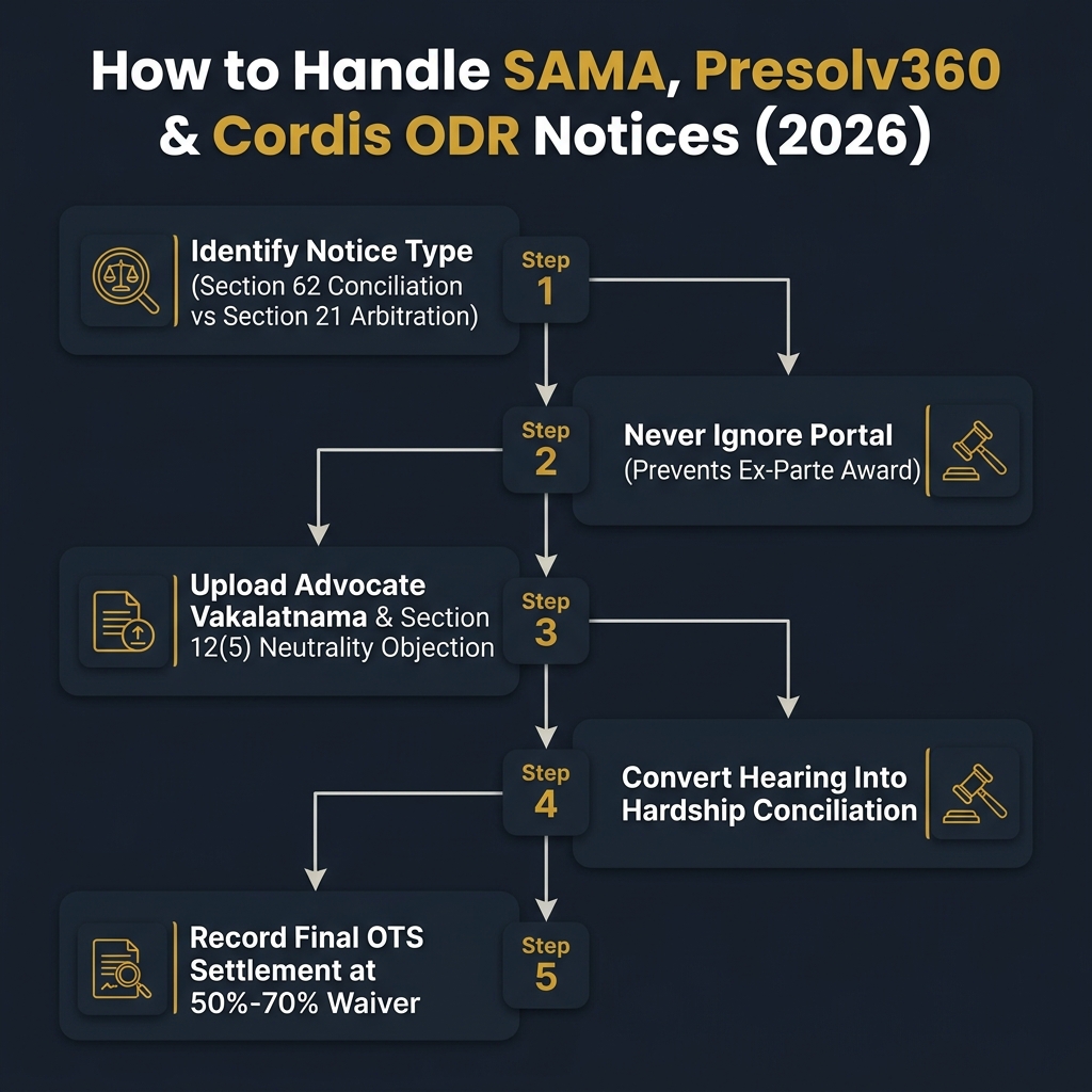 SAMA, Presolv360 & Cordis ODR Notice for Loan Default: Legal Defense & Settlement (2026) - Data Infographic