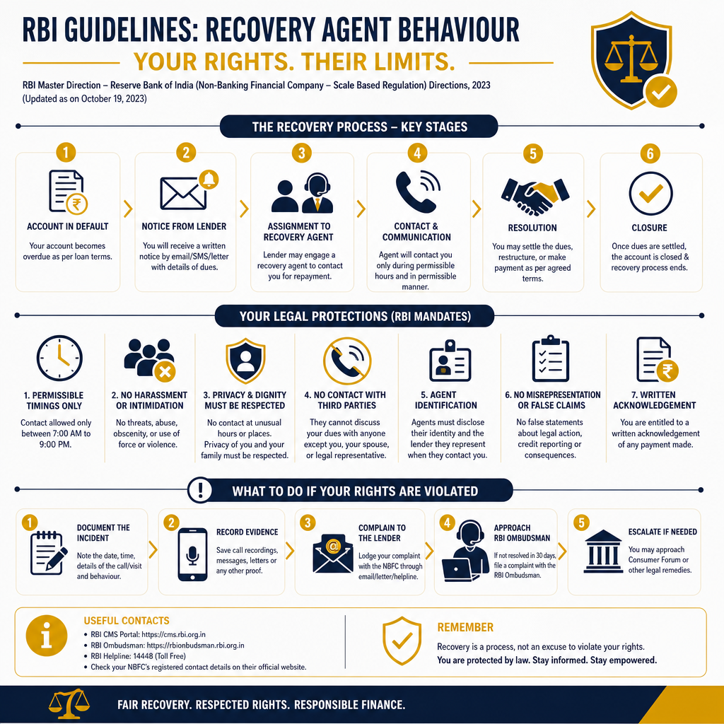 Recovery agent behaviour and legal limits in India (2026) - Data Infographic
