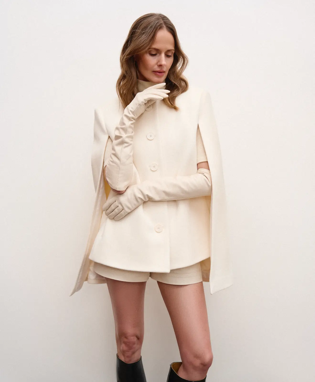 Designer creamy white wool-cashmere Capote cape for women in classic old money aesthetic