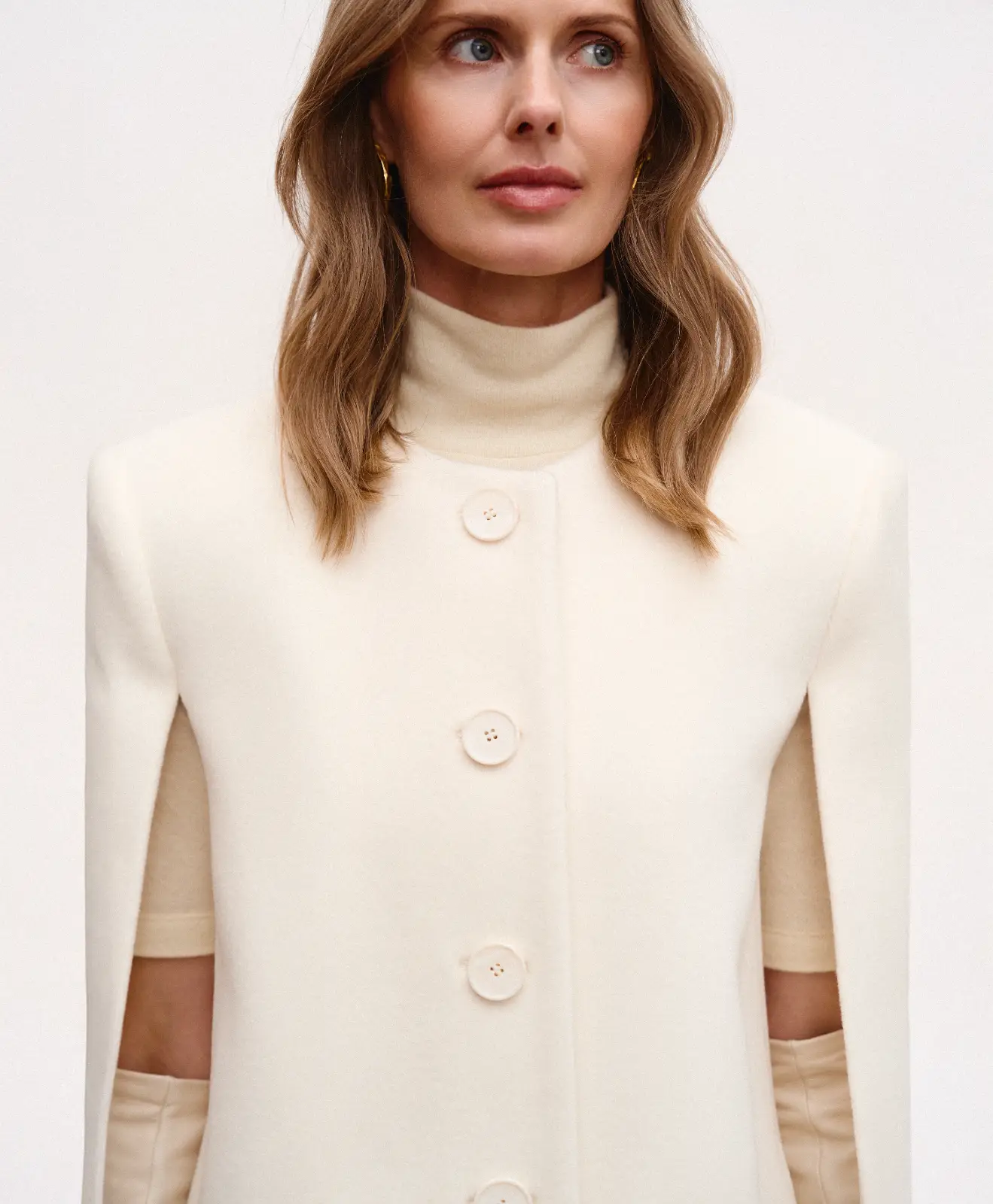 Designer creamy white wool-cashmere Capote cape for women in classic old money aesthetic