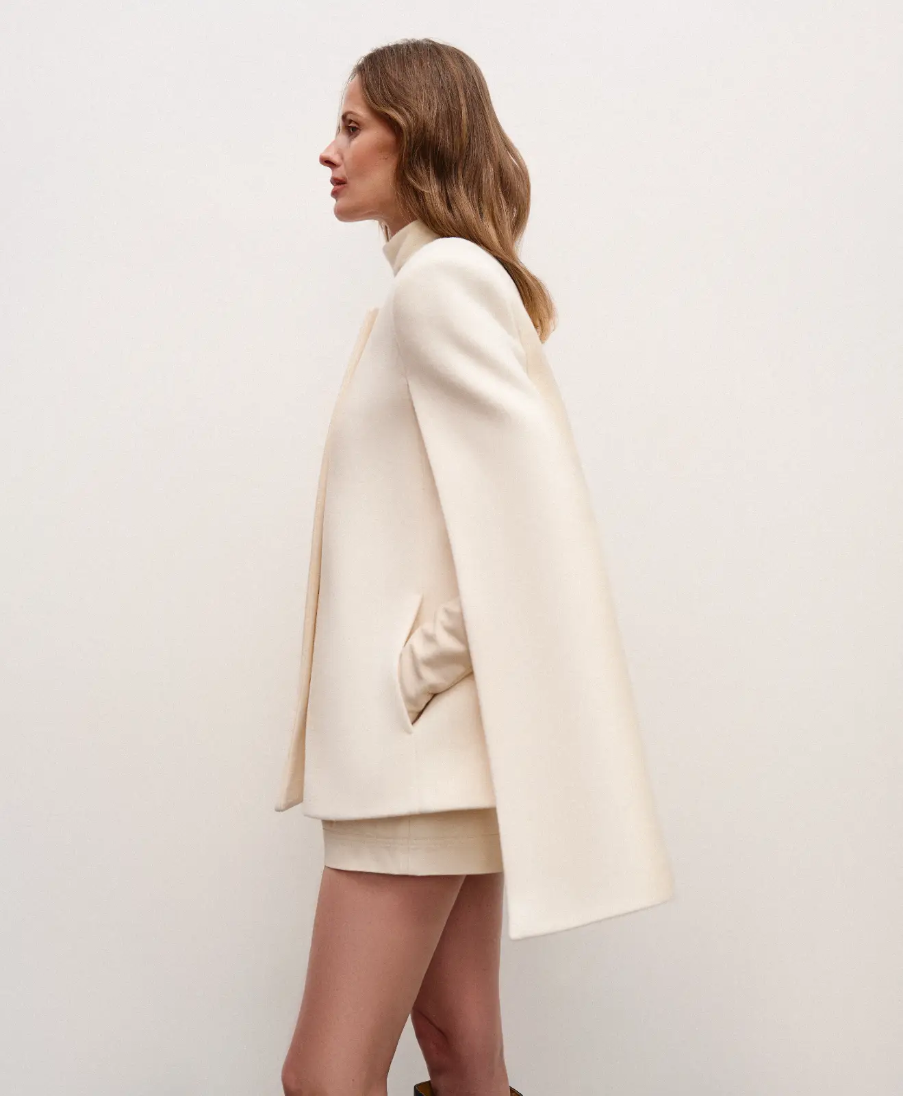 Designer creamy white wool-cashmere Capote cape for women in classic old money aesthetic