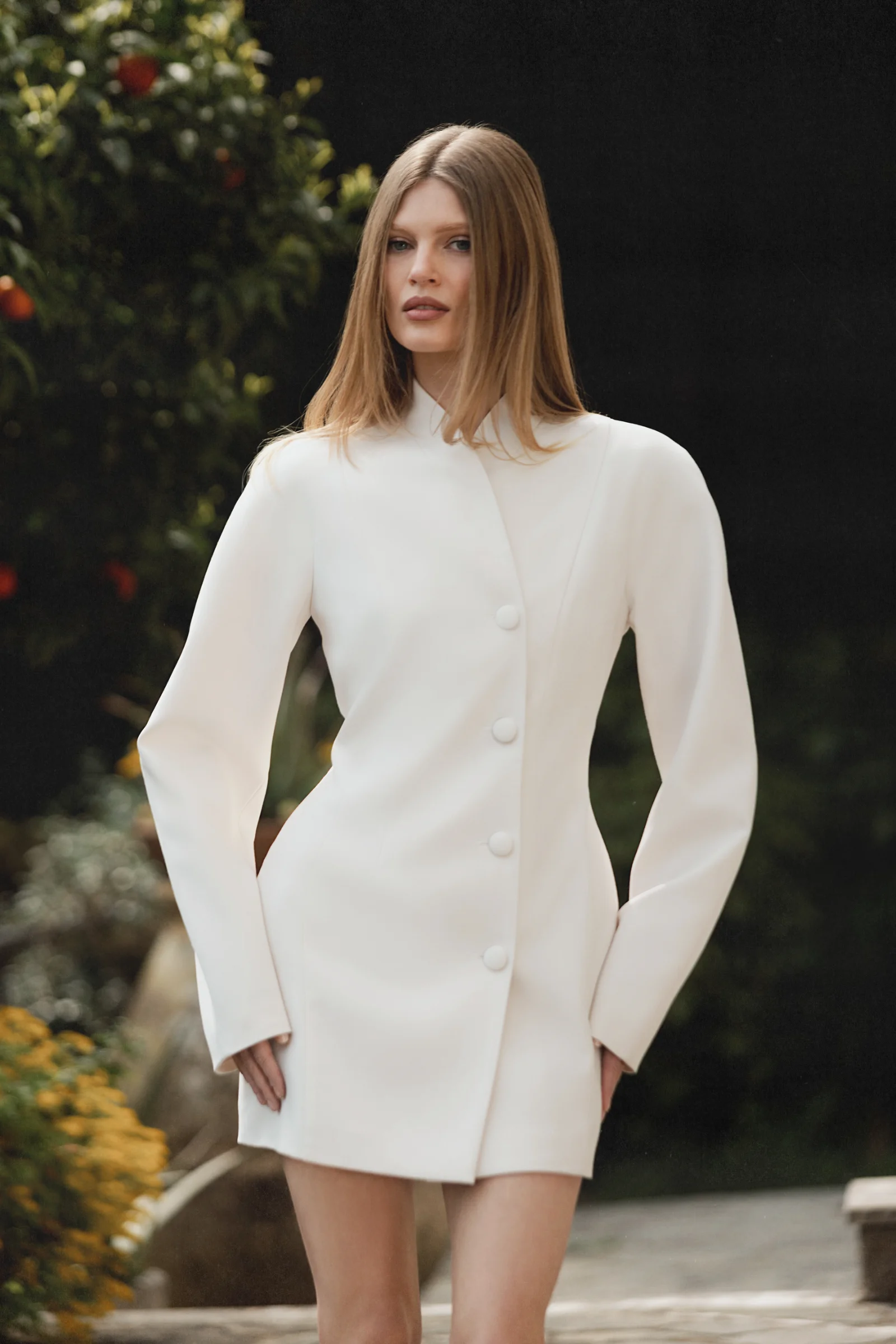 Old money style structured white blazer dress with long sleeves