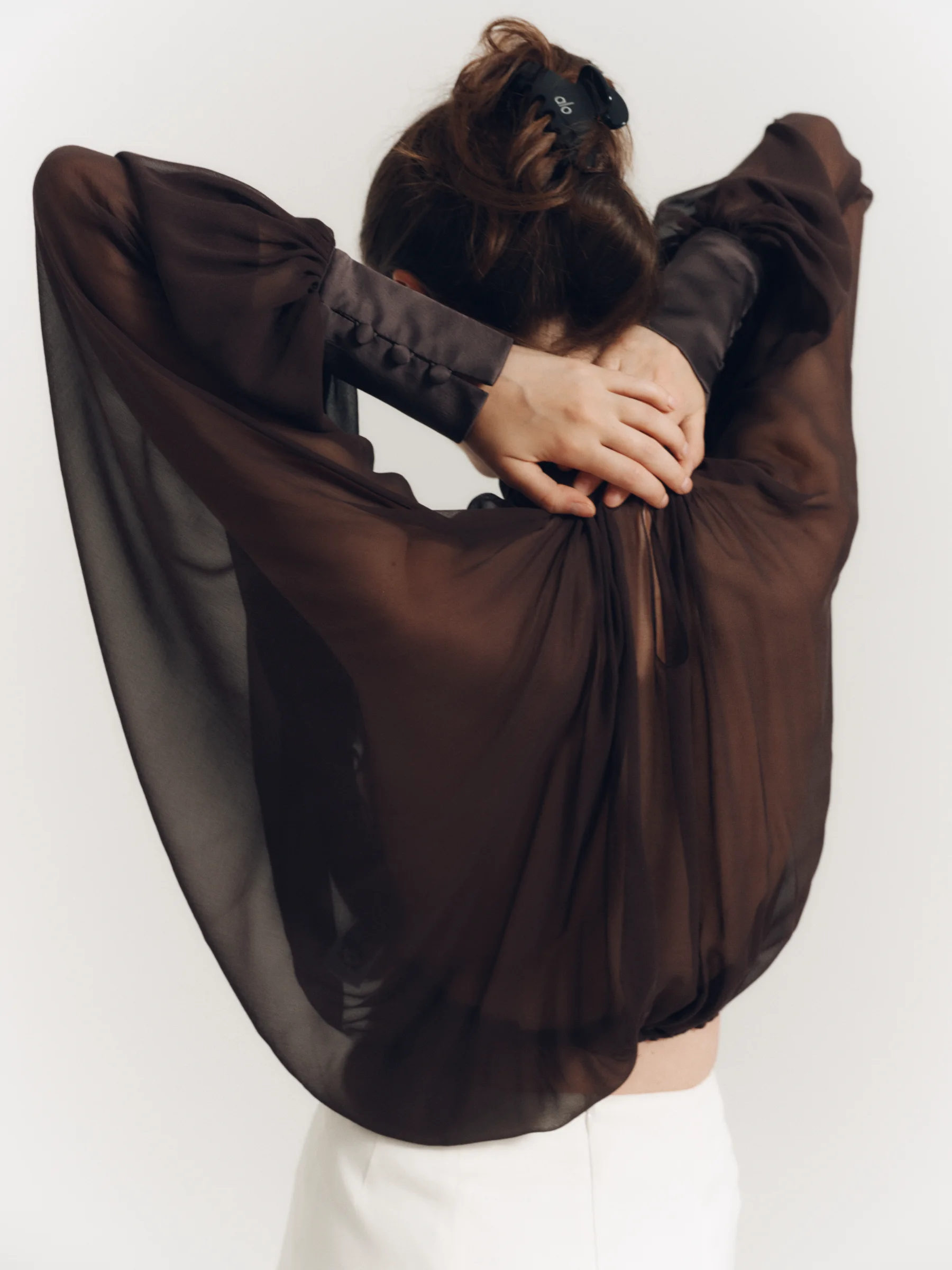 Brown women's DOLCE silk blouse with voluminous sleeves and a long scarf