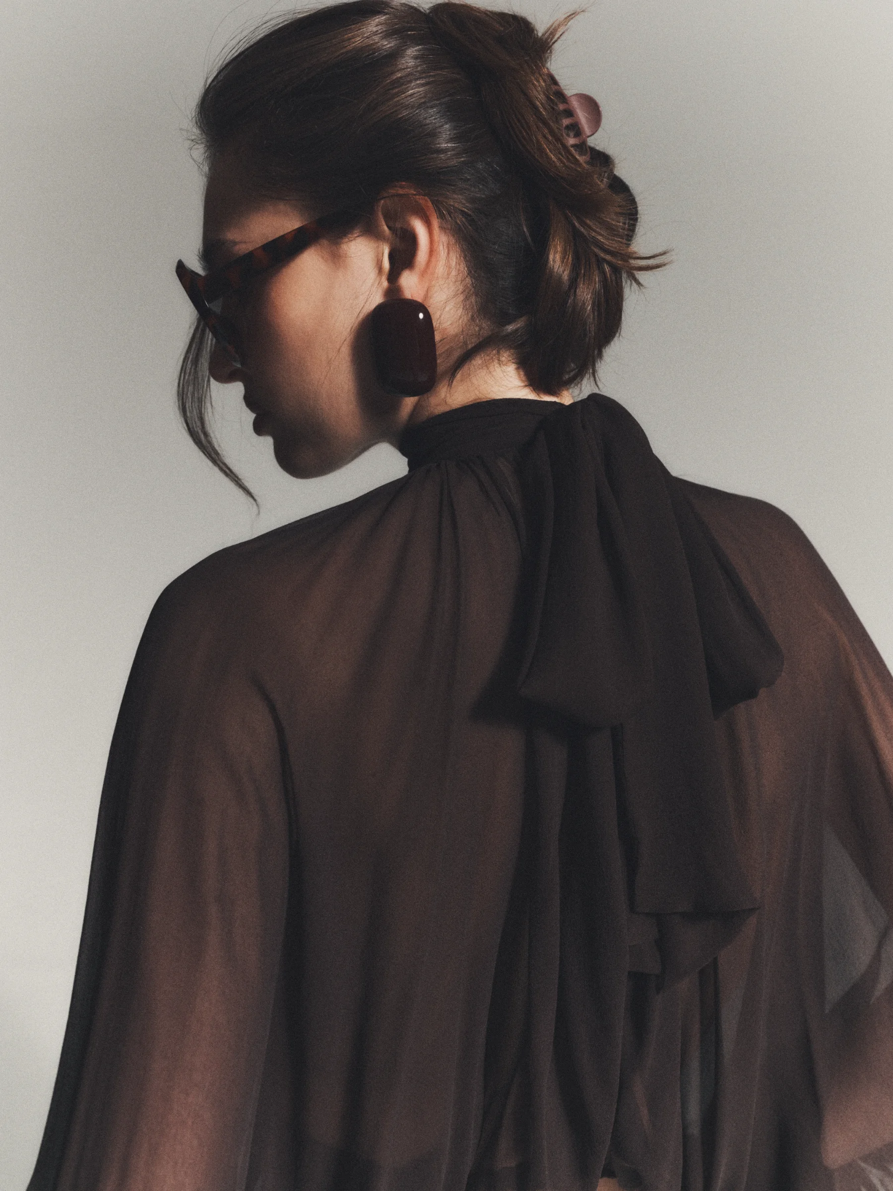 Brown women's DOLCE silk blouse with voluminous sleeves and a long scarf