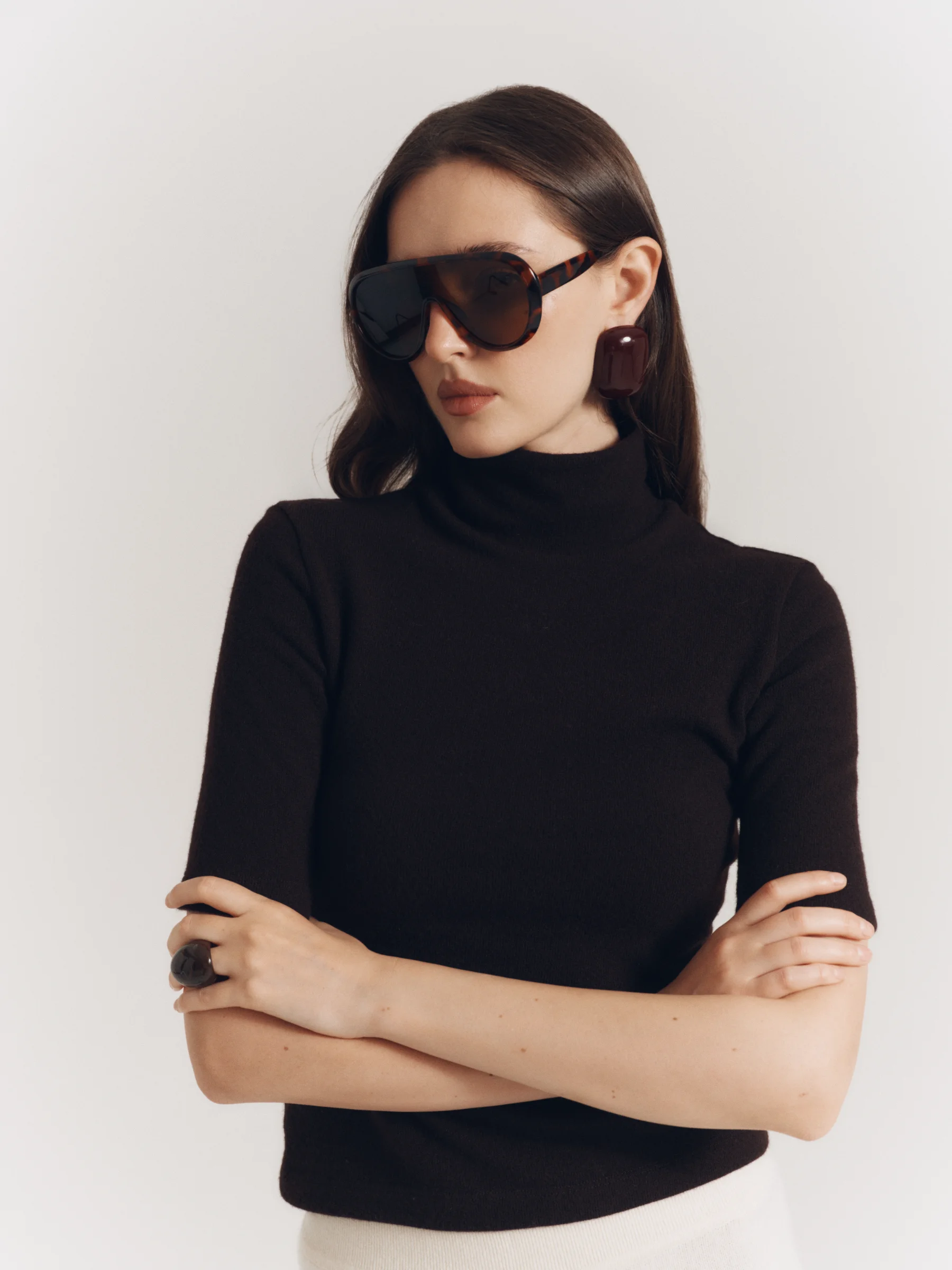 Premium designer classic brown fitted The Jet Set top for women with high neckline