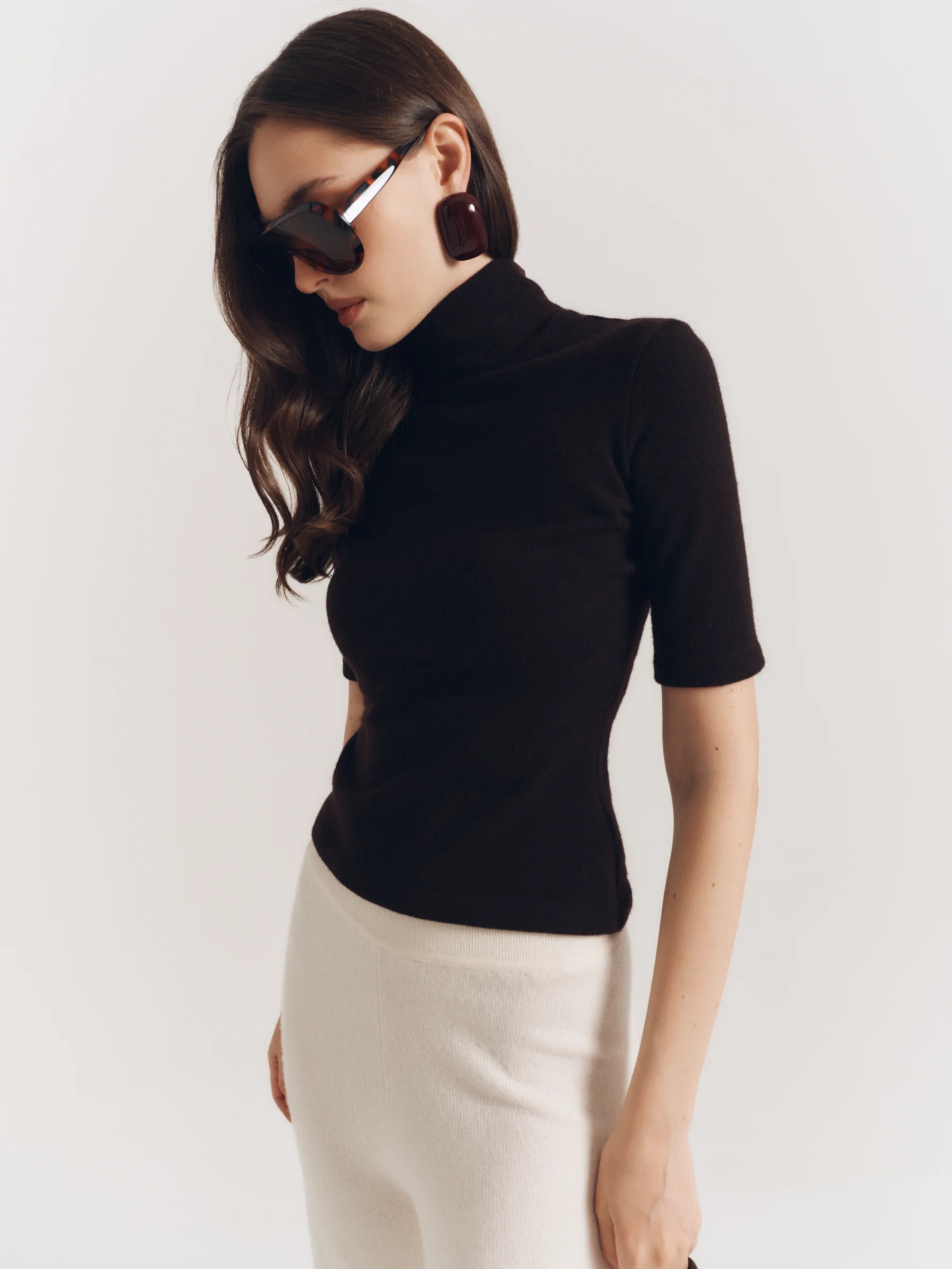 Premium designer classic brown fitted The Jet Set top for women with high neckline