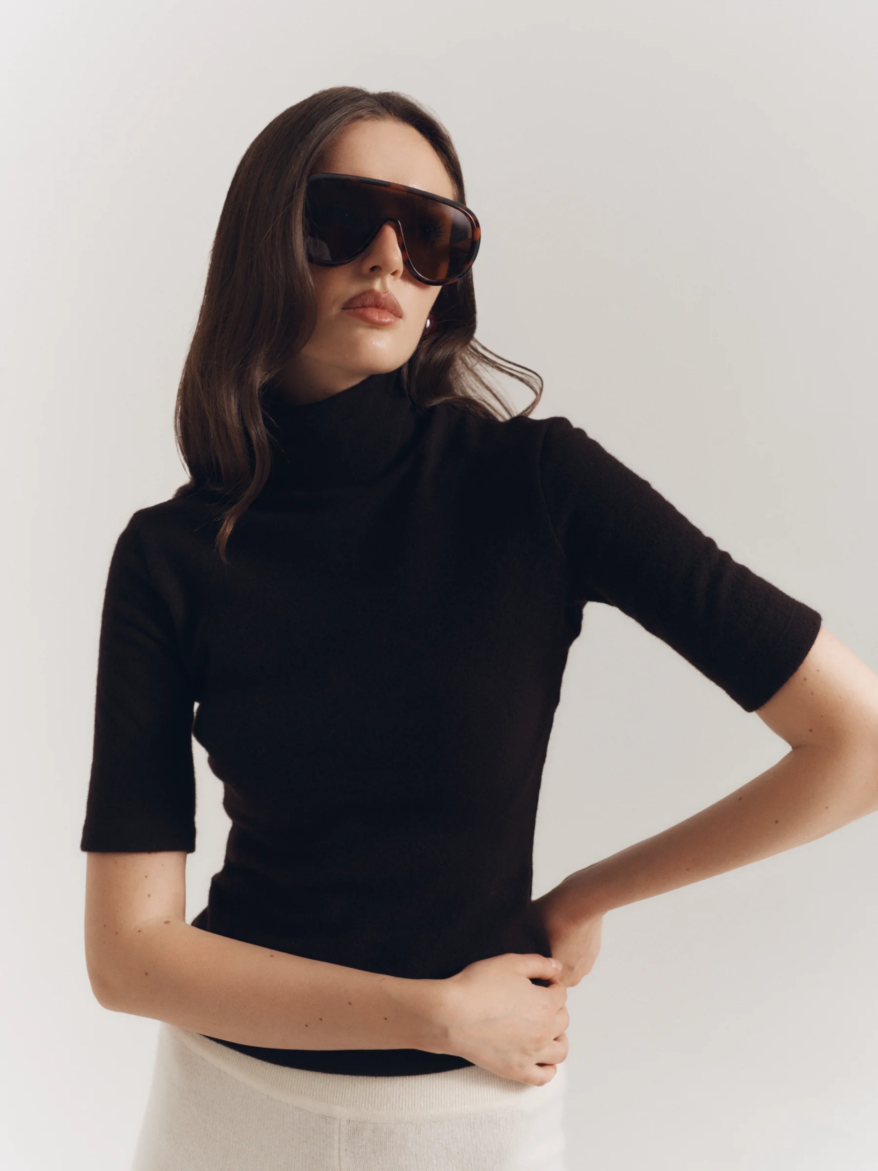 Premium designer classic brown fitted The Jet Set top for women with high neckline