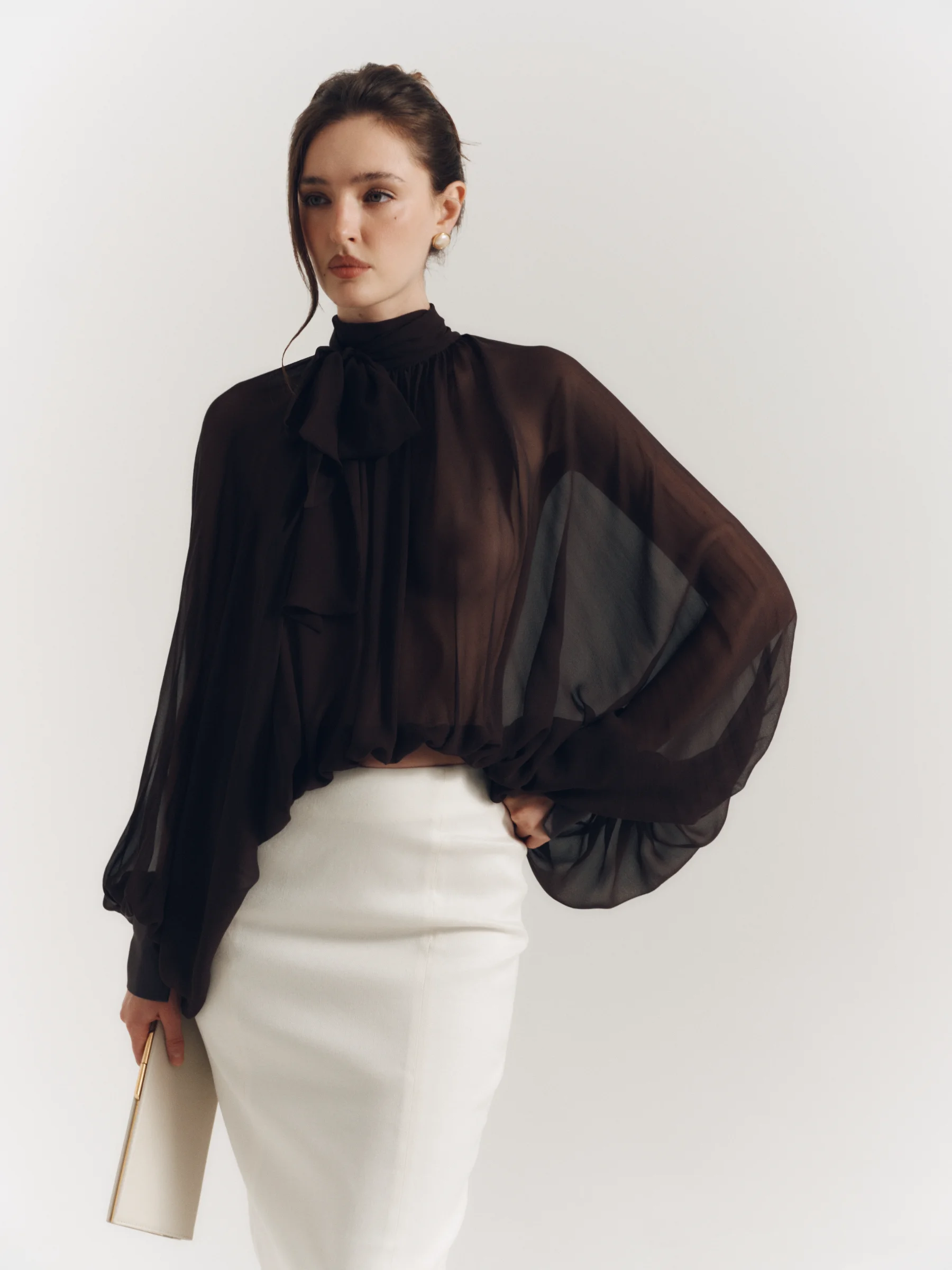 Brown women's DOLCE silk blouse with voluminous sleeves and a long scarf