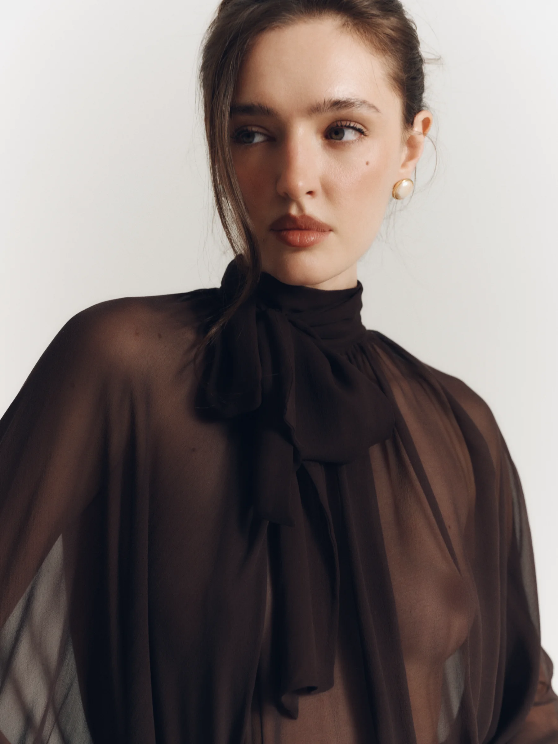 Brown women's DOLCE silk blouse with voluminous sleeves and a long scarf