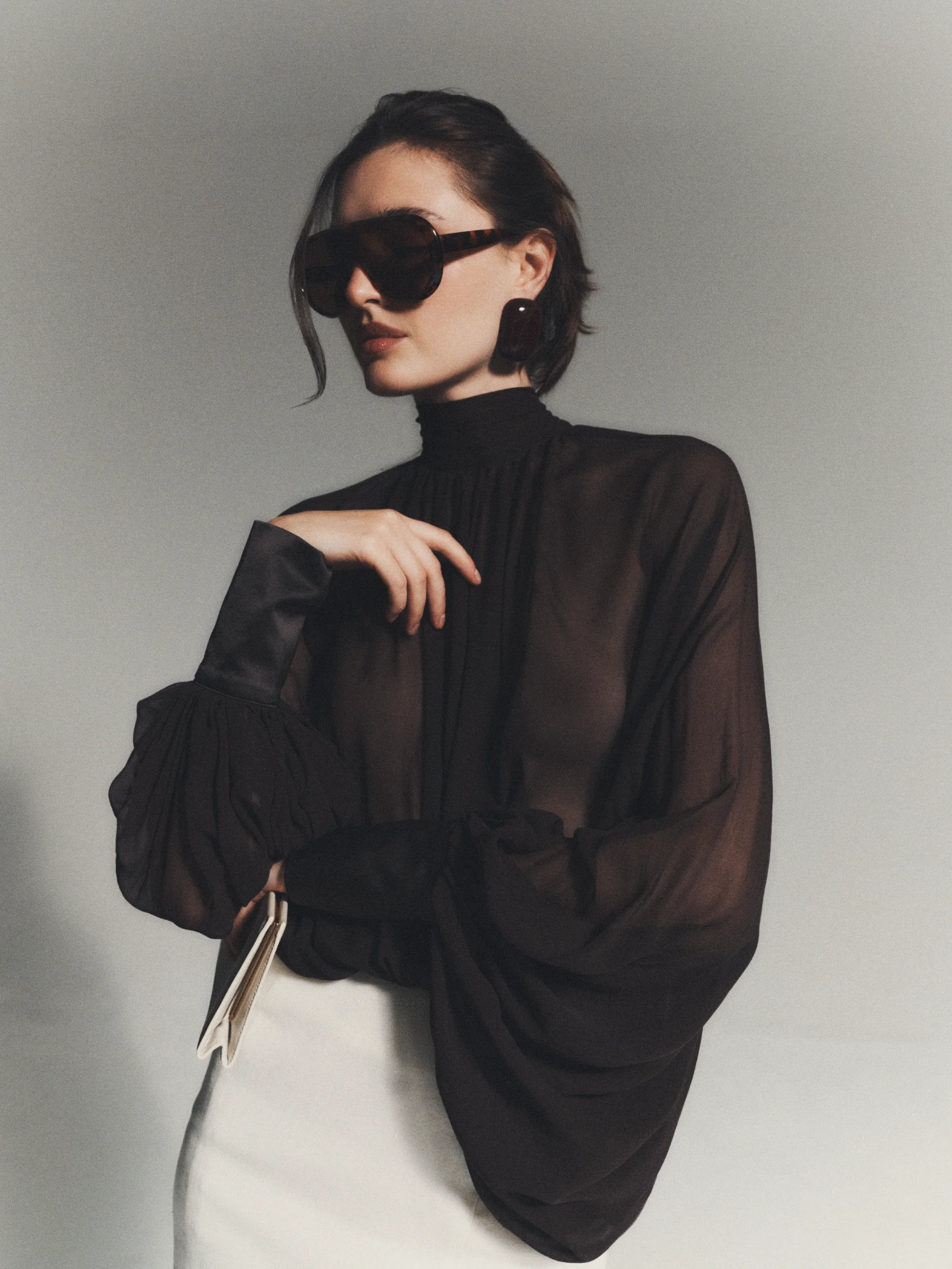 Brown women's DOLCE silk blouse with voluminous sleeves and a long scarf