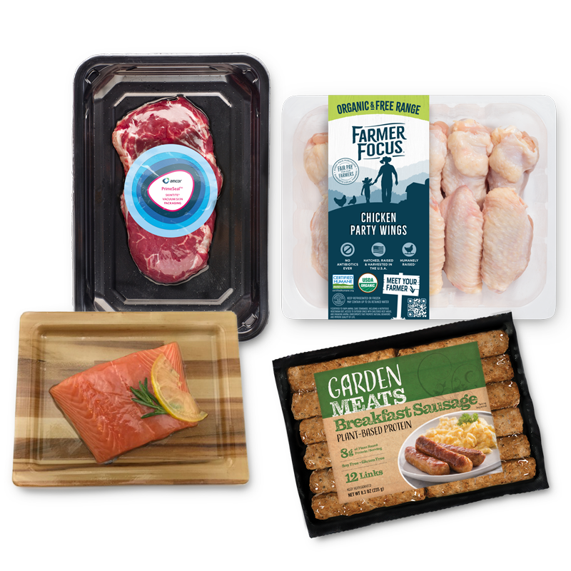Vacuum skin packaging for steak, fish, chicken and breakfast sausages