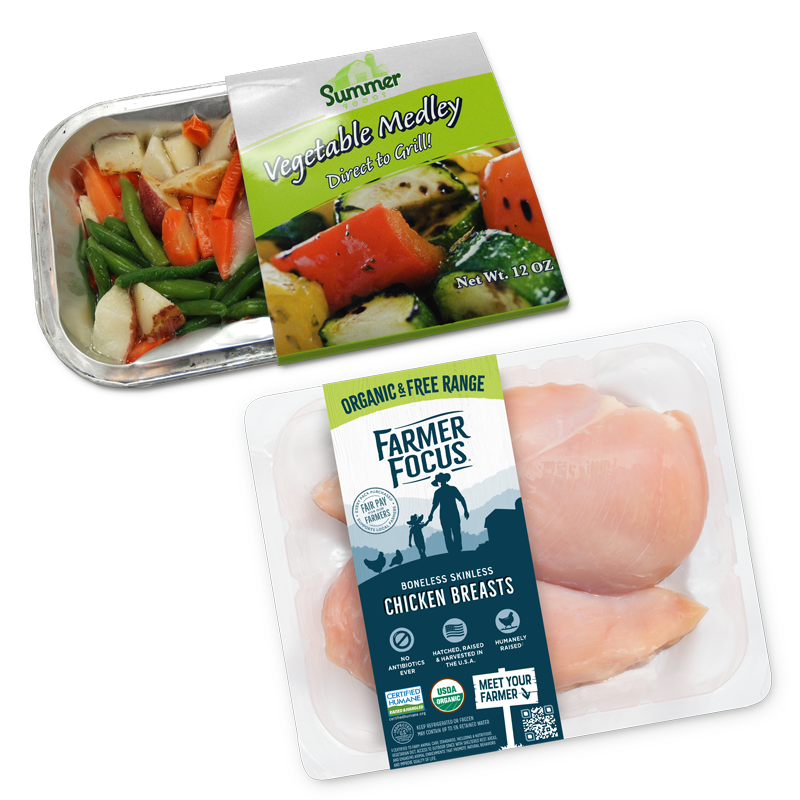 Vacuum skin packaging for vegetable blends and fresh chicken breasts