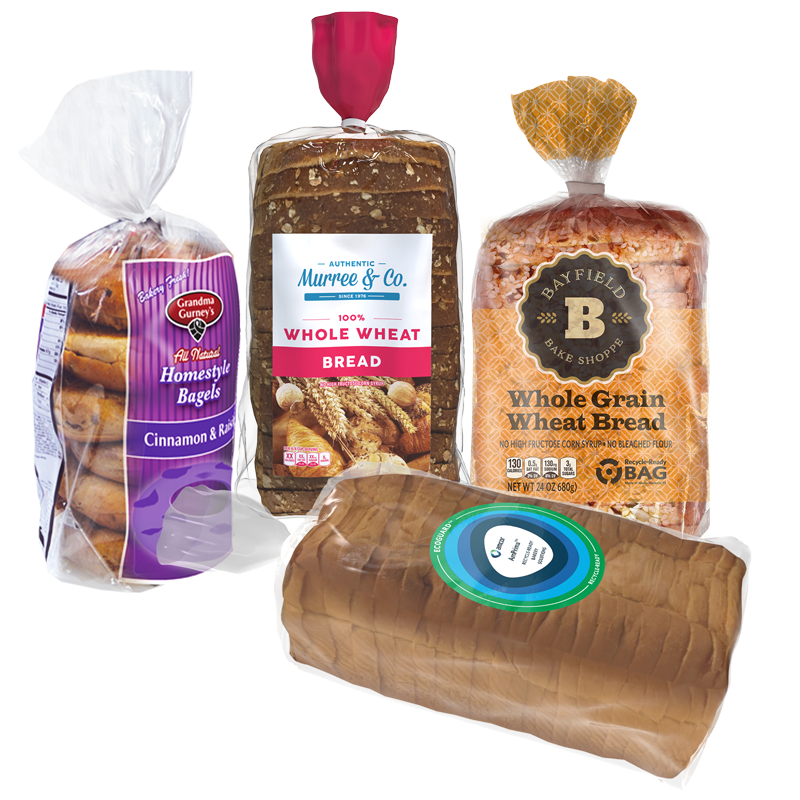 Bread and bagels in bakery bags