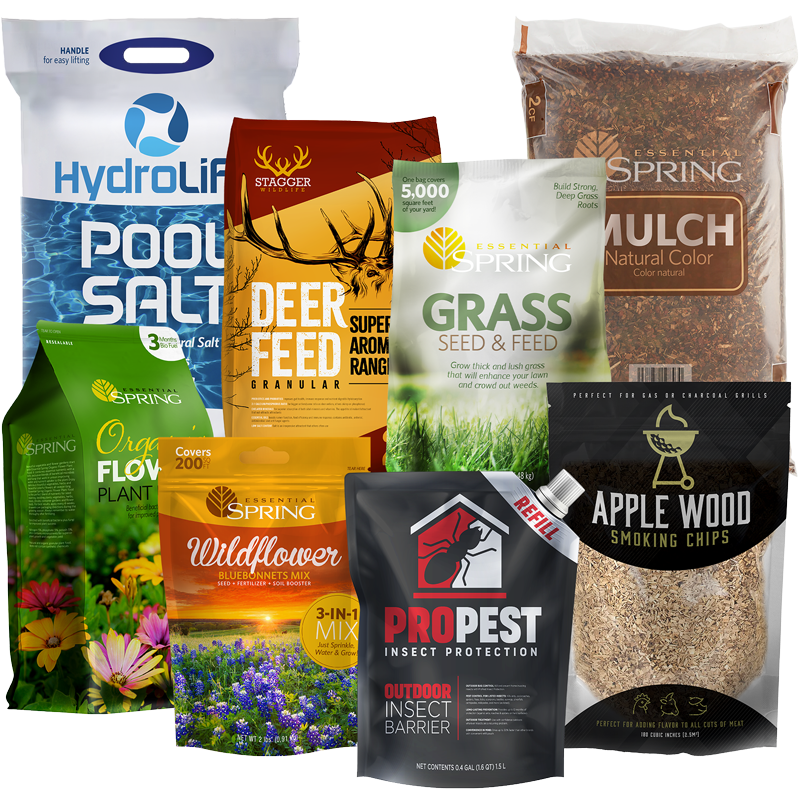Pouches and bags for lawn and garden products