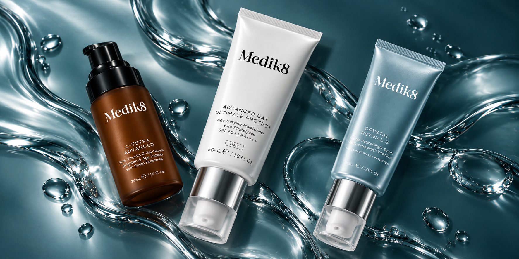 Трійка CSA Medik8: C-Tetra Advanced, Advanced Day Ultimate Protect SPF 50+ та Crystal Retinal 3
