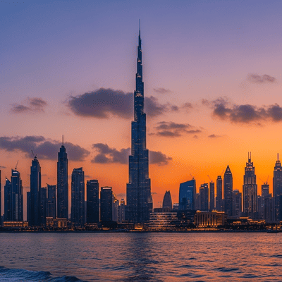 A city skyline representing future growth. Stock photo keyword: futuristic city skyline at dawn