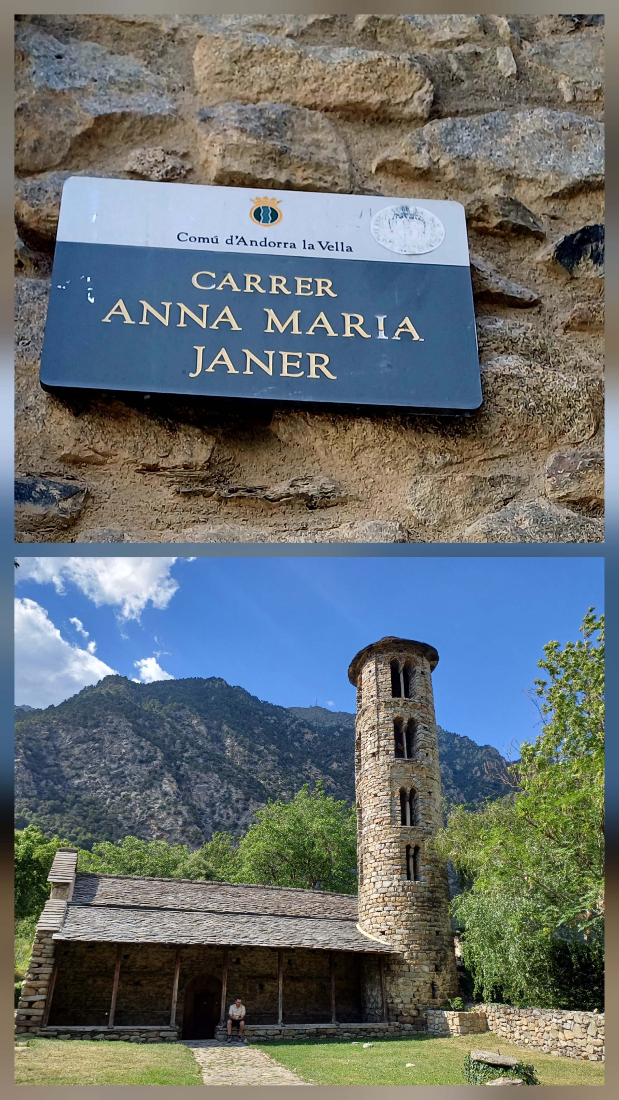Placa que denomina una calle en Andorra la Vella. Iglesia de Santa Coloma en Andorra