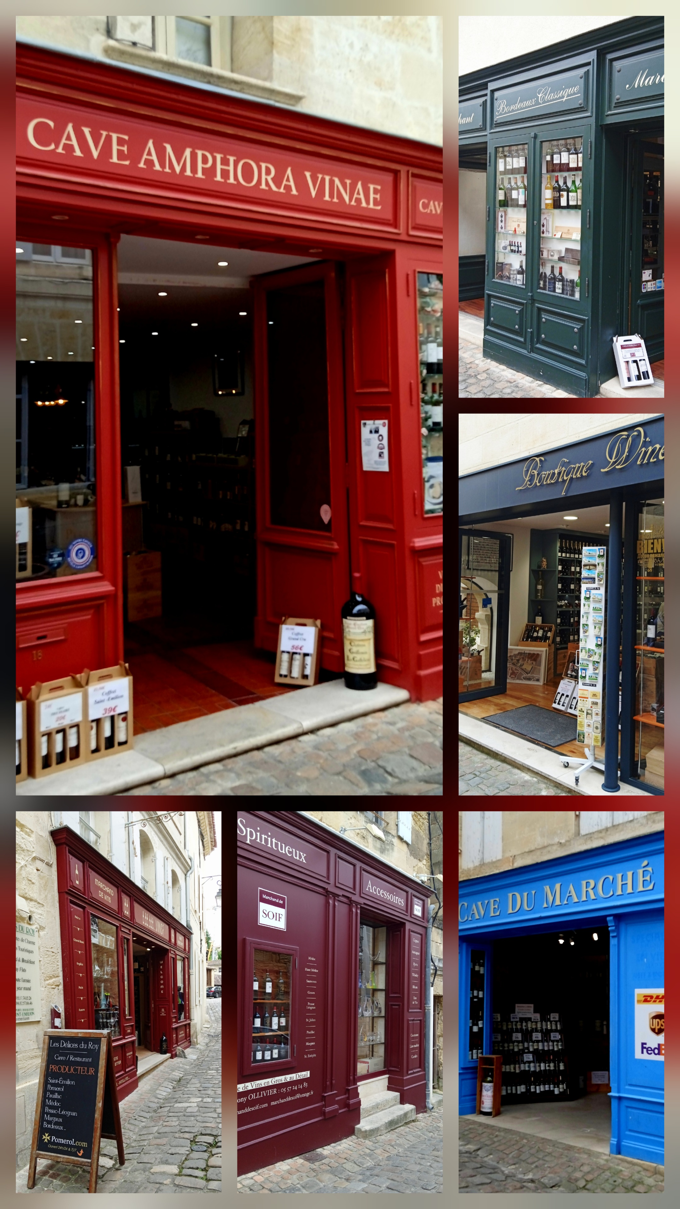 Algunos de los  negocios (cavas) en las callecitas de Saint Émilion. Francia