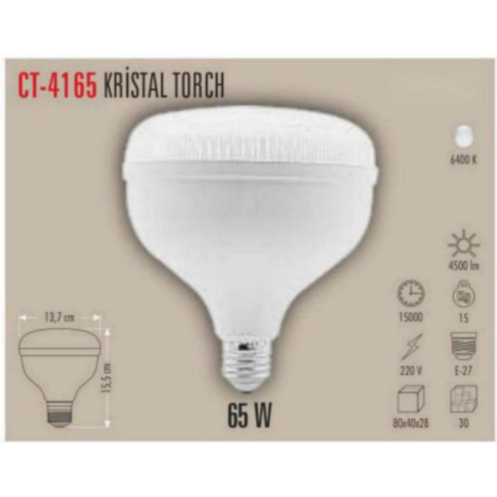 CT-4165_B Kristal Torch LED Ampul 65W - Beyaz