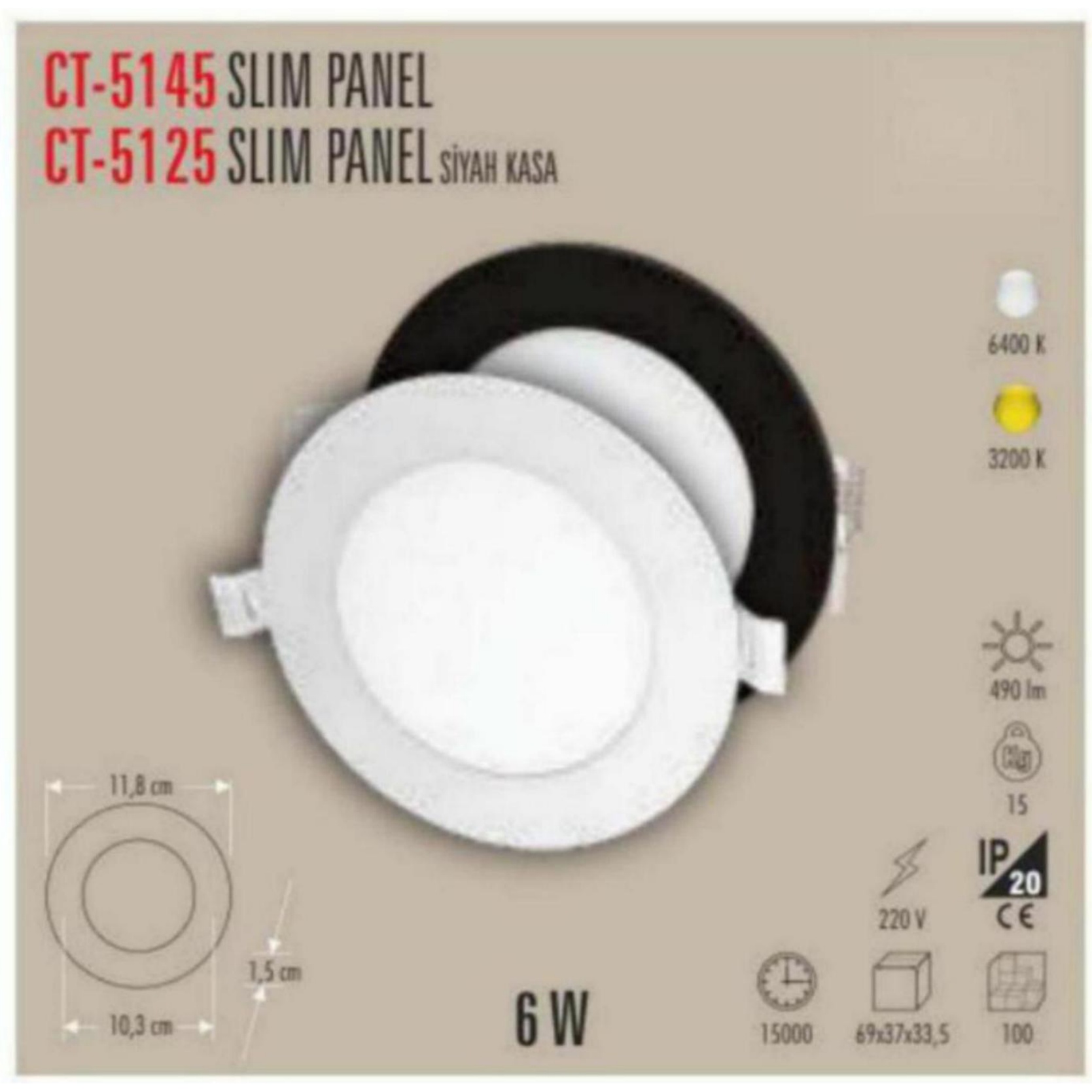 CT-5125_G Slim LED Panel 6W - Siyah Kasa, Gün Işığı