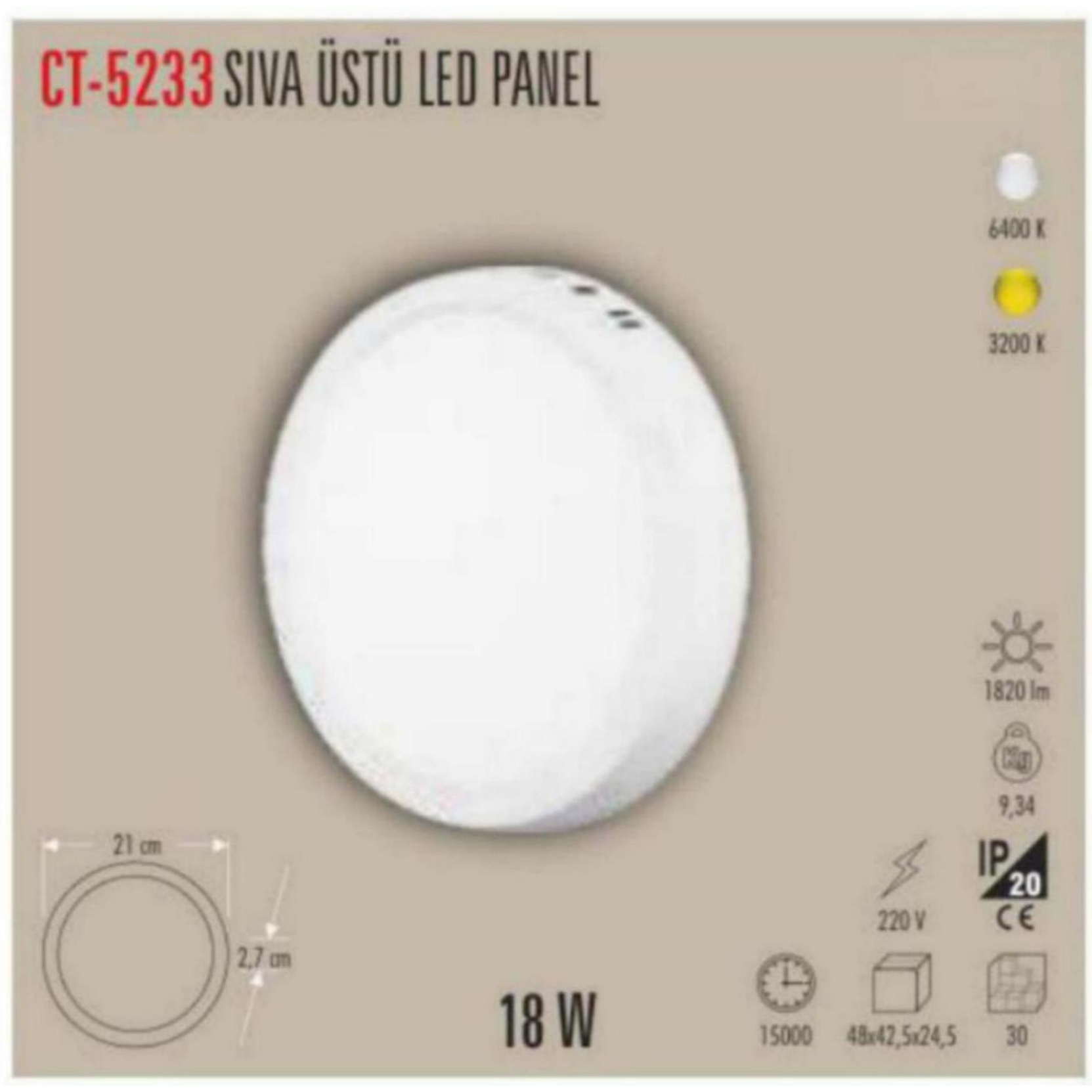 CT-5233_G Yuvarlak Sıvaüstü LED Panel 18W - Gün Işığı