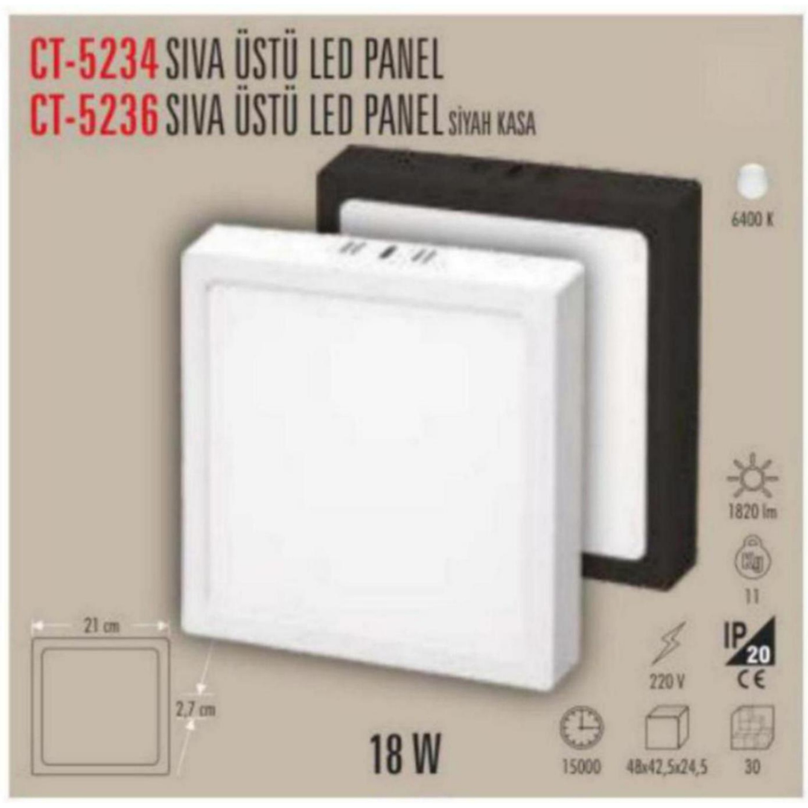 CT-5234 Kare Sıvaüstü LED Panel 18W - Beyaz