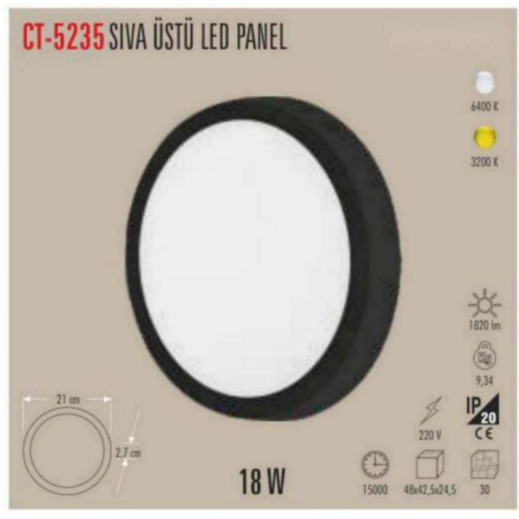 CT-5235_G Sıvaüstü LED Panel 18W - Siyah, Gün Işığı - Gün Işığı