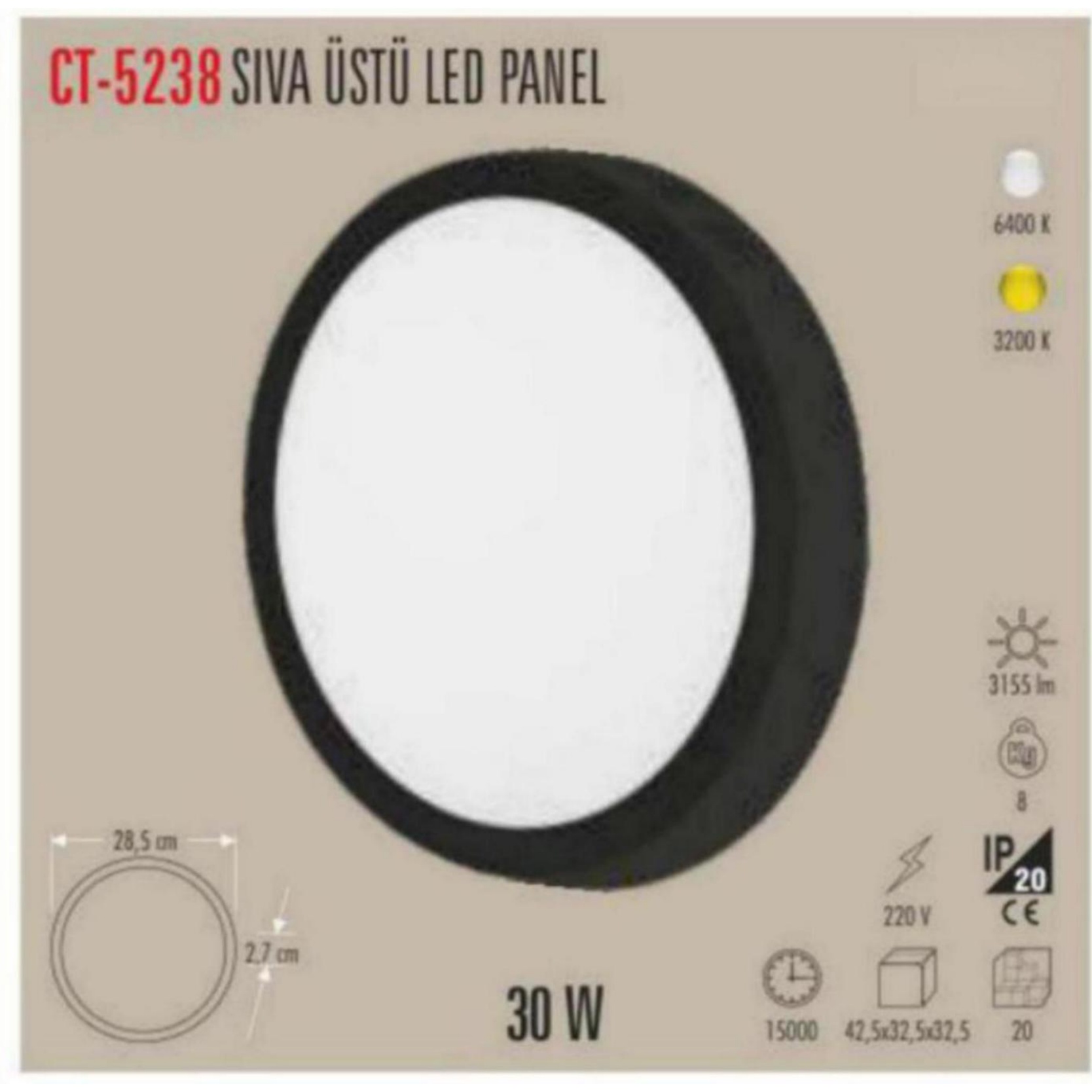 CT-5238_B Sıvaüstü LED Panel 30W - Siyah, Beyaz - Beyaz