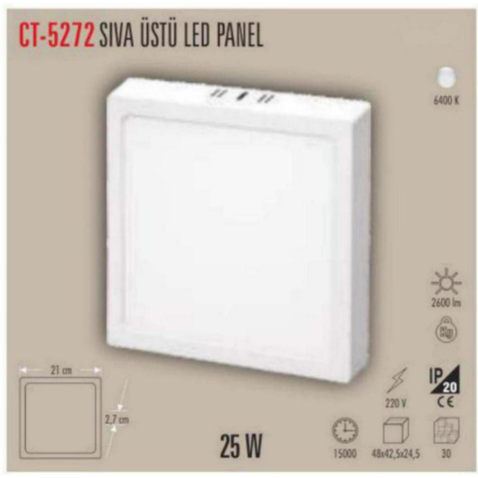 CT-5272 Kare Sıvaüstü LED Panel 25W - Beyaz