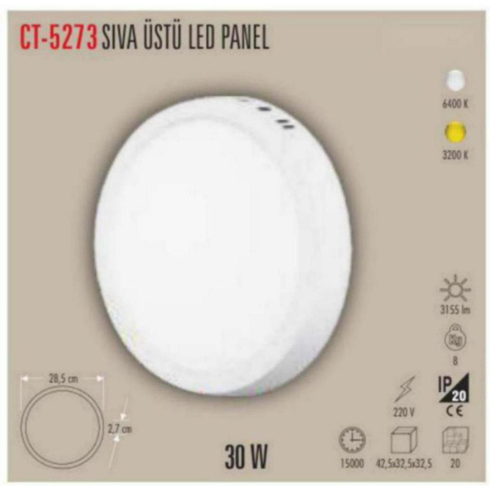 CT-5273_G Yuvarlak Sıvaüstü LED Panel 30W - Gün Işığı