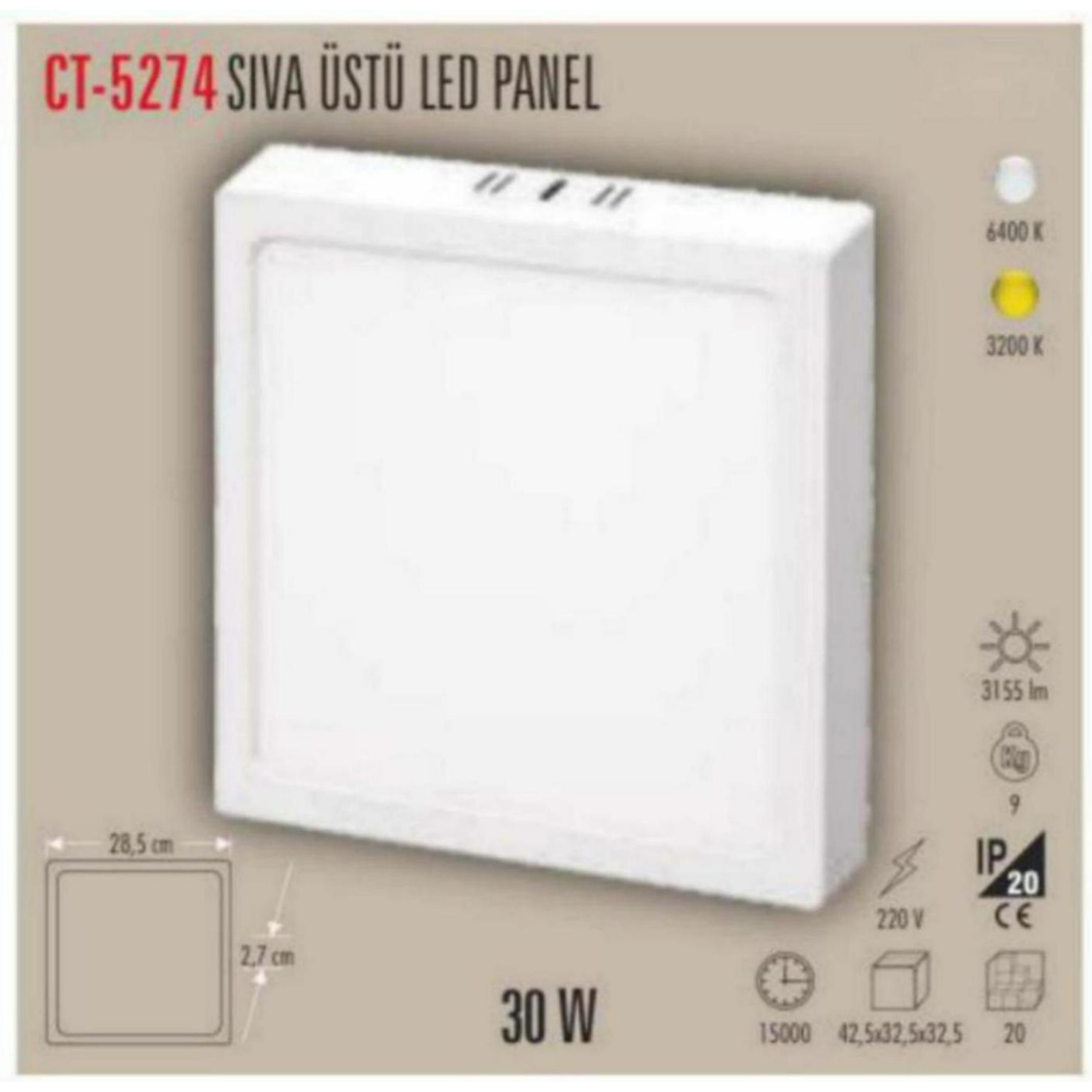 CT-5274_B Kare Sıvaüstü LED Panel 30W - Beyaz