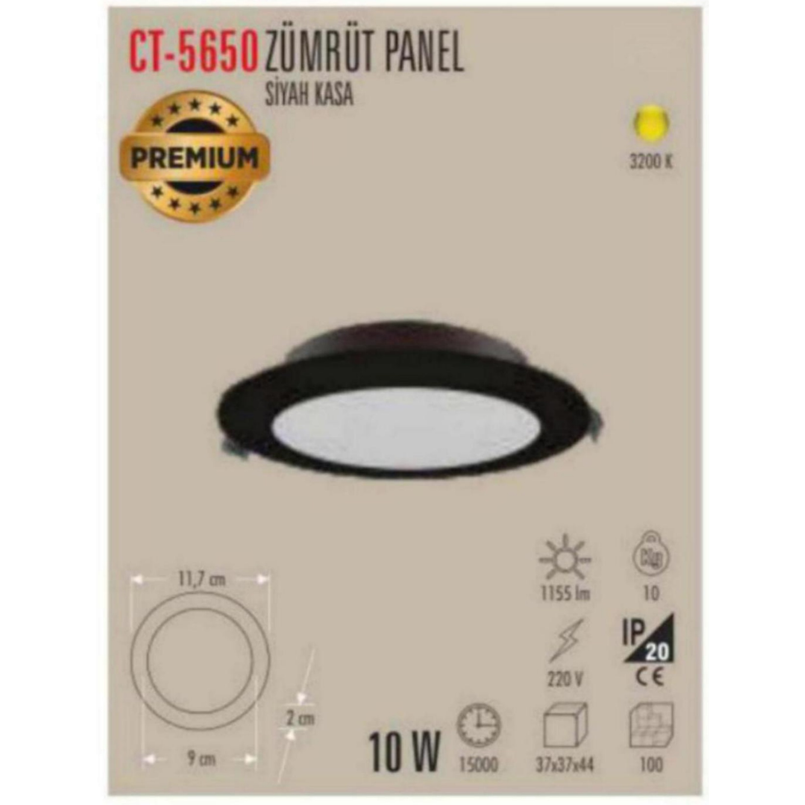 CT-5650 Zümrüt LED Panel 10W - Siyah Kasa, Gün Işığı