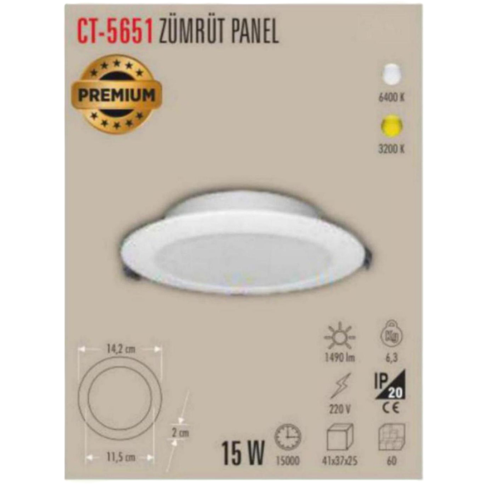 CT-5651_B Zümrüt LED Panel 15W - Beyaz