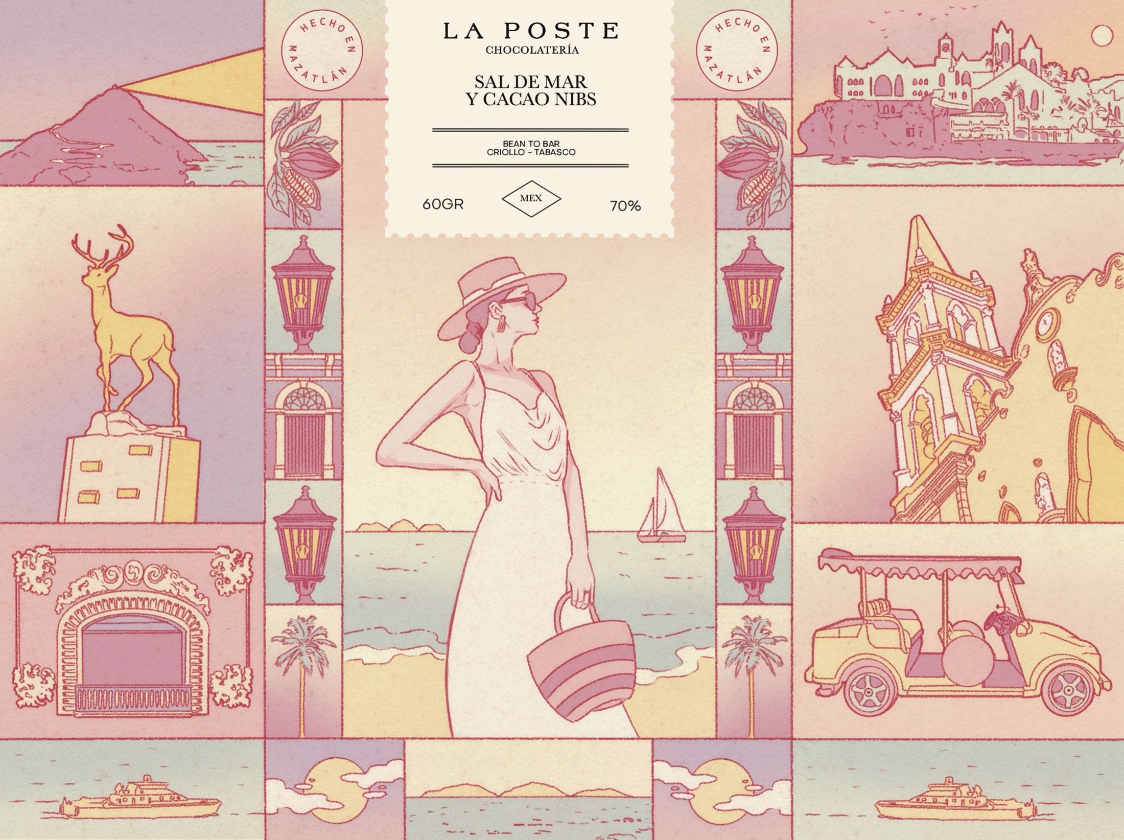 La Poste chocolate bar packaging illustration — artwork by Ana Sofía Goyes