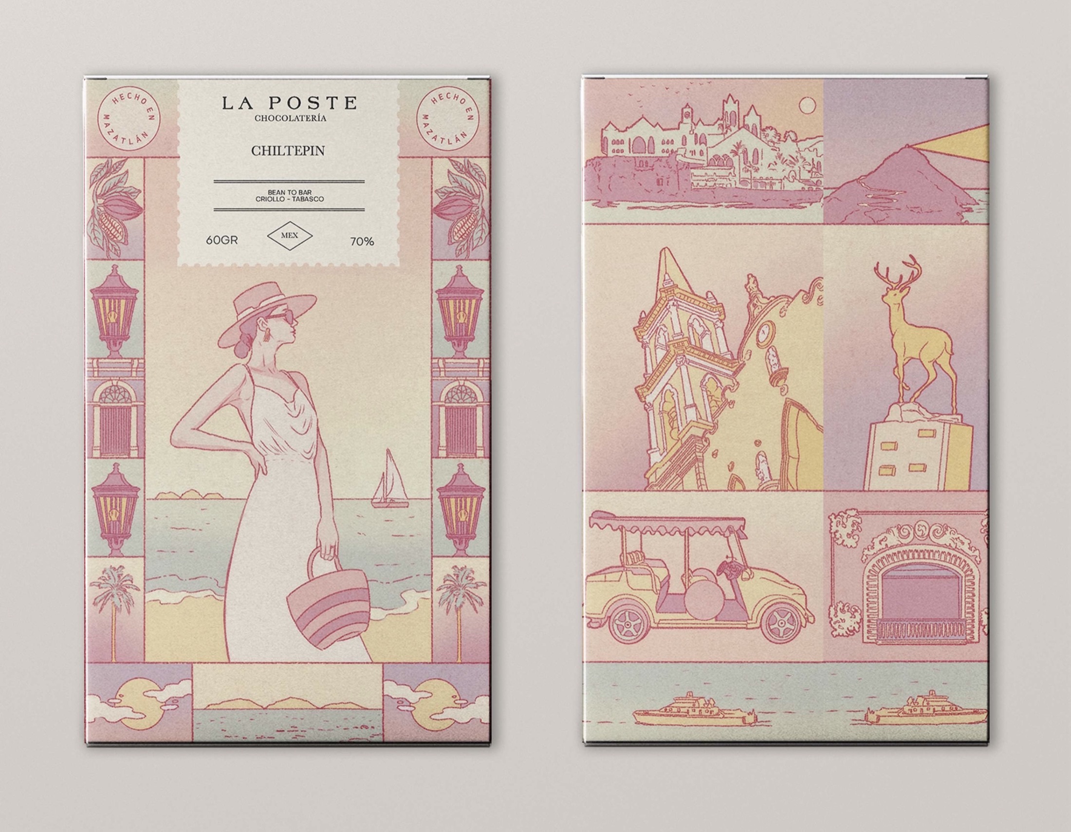 La Poste chocolate bar packaging mockup — artwork by Ana Sofía Goyes
