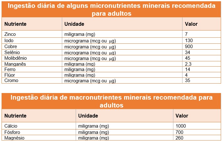 Ingestão diária de micro e macronutrientes minerais recomendada para adultos.