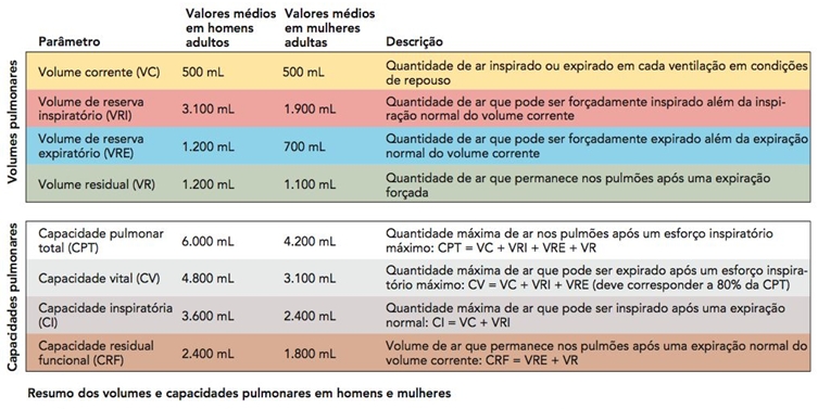 Resumo dos volumes e capacidades pulmonares.