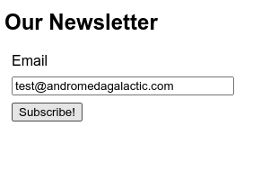 Form featuring a header "our newsletter", an email field witih an "Email" label, and a button labeled "Subscribe".