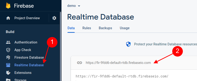Screenshot of the Firebase Console showing how to navigate to the Realtime Database on the left nav, and then where to find the database URL from the Data view