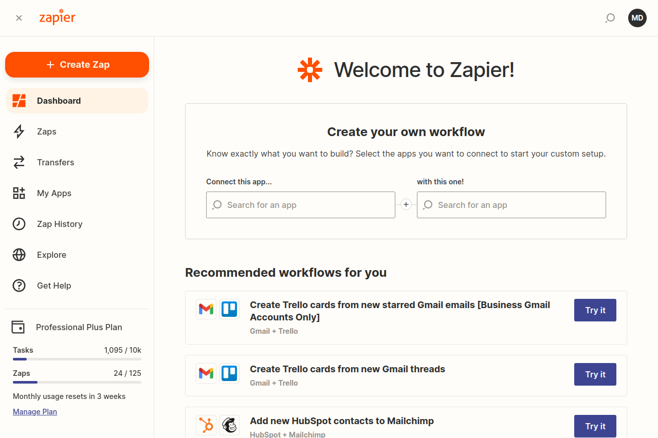 Zapier Dashboard showing two search boxes, one labeled "Connect this app..." then a plus symbol and another search box labeled "with this one!"