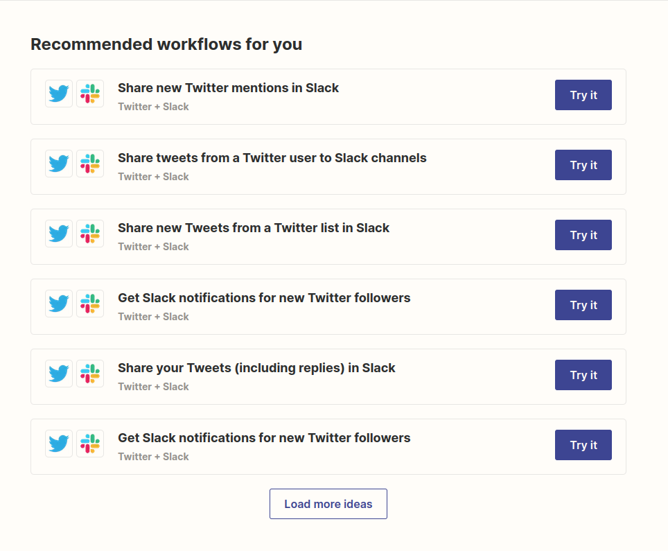 A list of integration suggestions from Twitter to Slack, including "Share new Twitter mentions in Slack", "Share tweets from a Twitter user to Slack channels", "Share new Tweets from a Twitter list in Slack", "Get Slack notifications for new Twitter followers", and "Share your Tweets and replies in Slack"