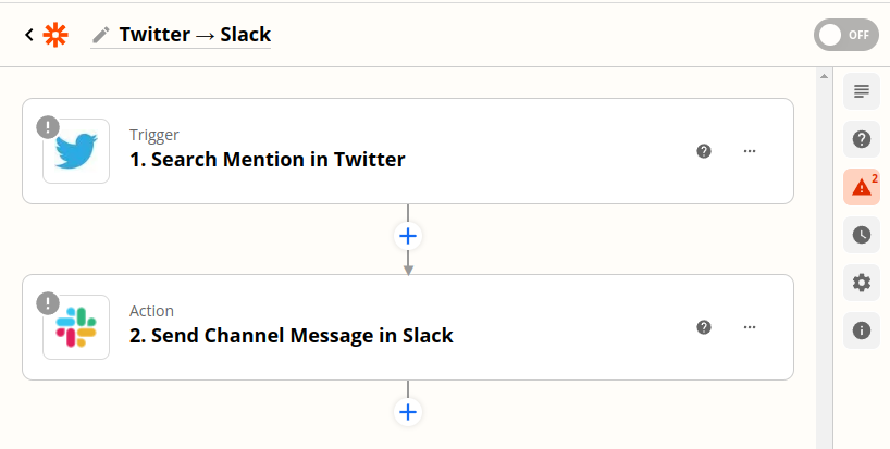 The name of the zap is listed as Twitter arrow Slack with an edit icon. Next is a card showing the Twitter icon, a label that this is a Trigger, and the specific detail that this is a Search Mention in Twitter. There's an arrow pointing down from the Twitter card interrupted with a plus sign. Next is a card showing the Slack icon, a label indicating that this is an action, and the detail that this action is to Send Channel Messag ein Slack. There's another arrow pointing down from the Slack card terminating in a plus sign.