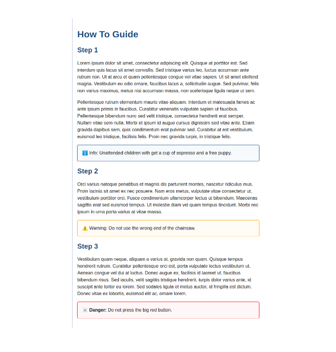 Screenshot of the project. Sample how to guide with headers, text, and information panels.